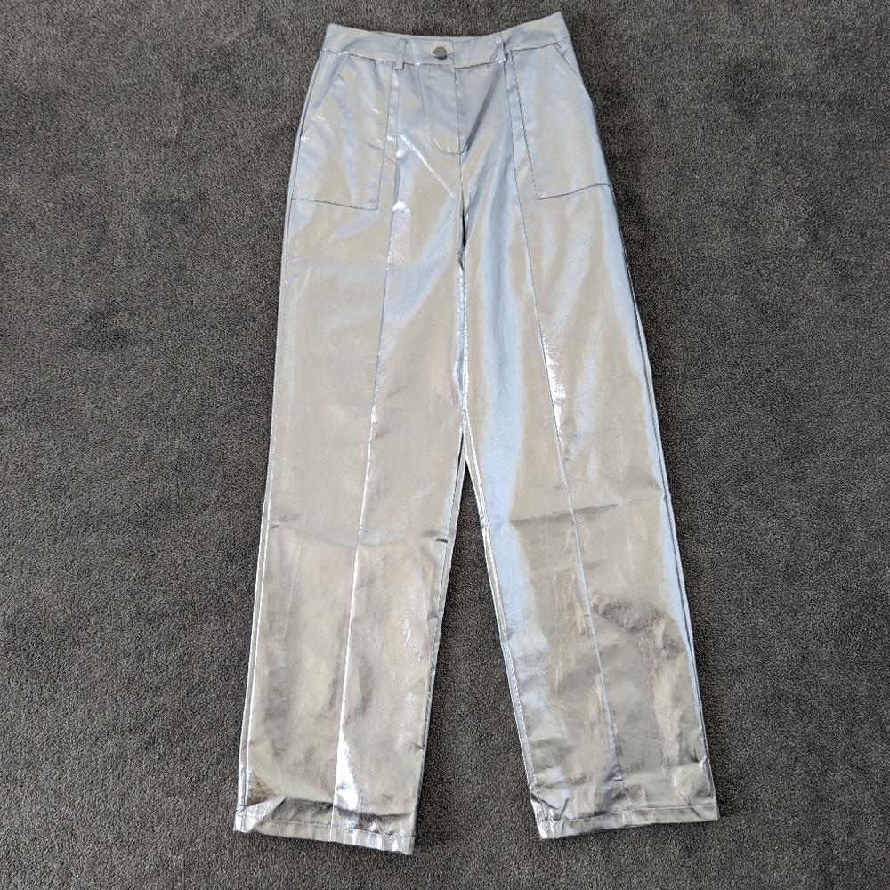 4th & Reckless High-Shine Metallic Silver Trousers - US XS Mobwife